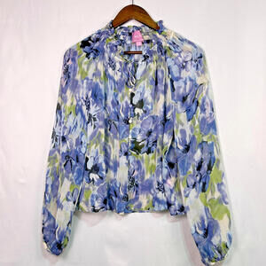 MUSE Republic Clothing Floral Sheer Blouse Womens Large Blue Long Sleeve Boho